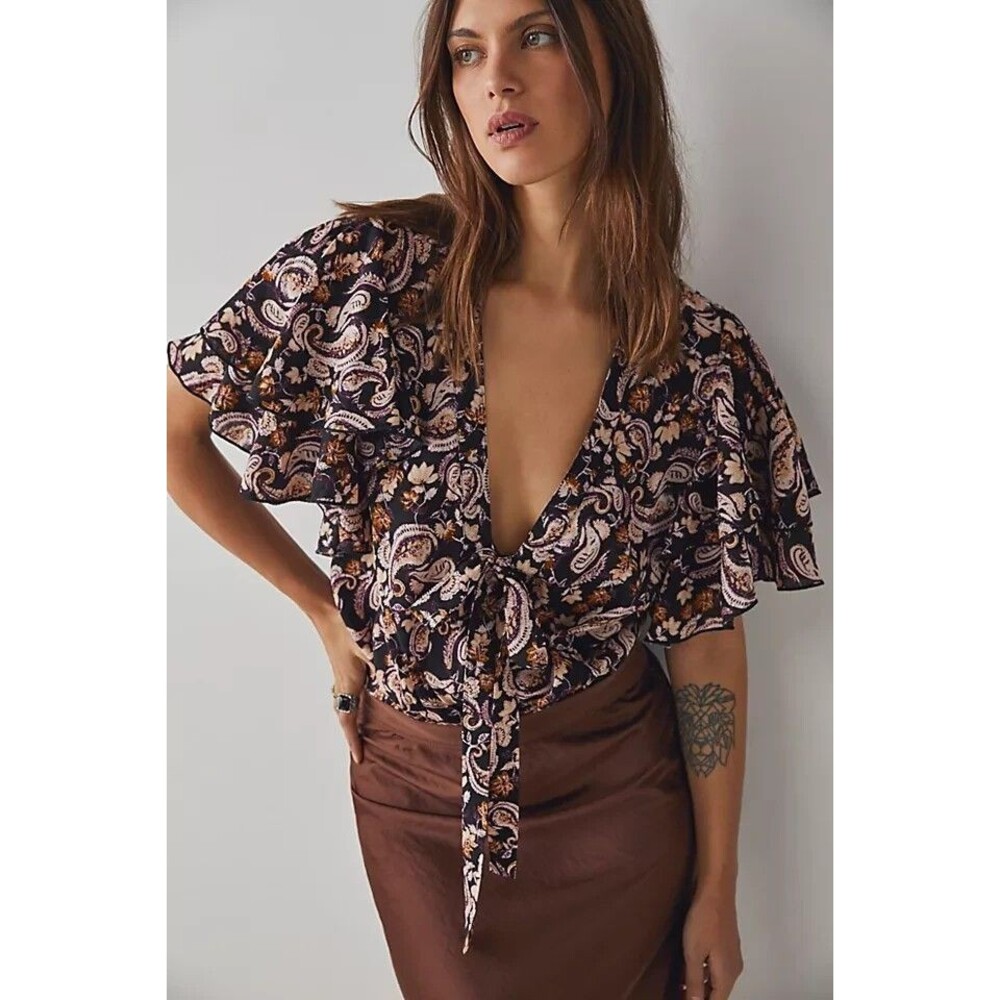 Free People Call Me Later Printed Bodysuit Black Paisley XS NEW